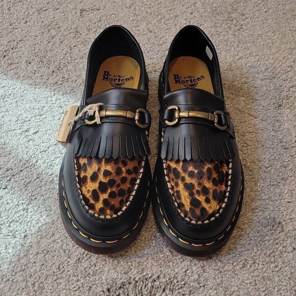 Dr. Martens Adrian Snaffle Leopard Hair Loafer Shoes Black W8/ M7 - Picture 2 of 5